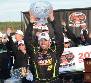 Doug Coby celebrates his 2016 NASCAR Whelen Modified Tour championship to cap off Sunoco World Series weekend Sunday at Thompson Speedway (Photo: Fran Lawlor for NASCAR) 