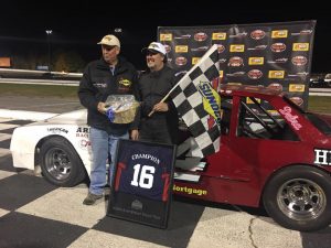 Joe Arena (right) celebrates victory and the North East Street Stock Tour championship Saturday at the Sunoco World Series at Thompson Speedway (Photo: Thompson Speedway) 
