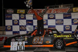 Johnny Walker celebrates victory and the DARE Stock division championship Saturday at Stafford Motor Speedway (Photo: Jim DuPont) 