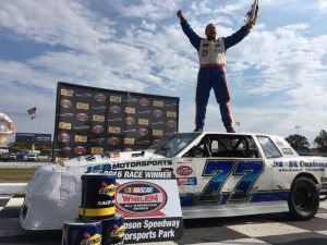 Phil Jacques celebrates victory in the Limited Sportsman feature Sunday at Thompson Speedway (Photo: Thompson Speedway) 