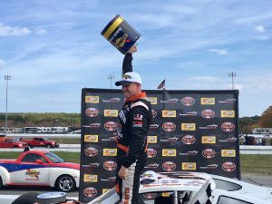 Ryan Preece celebrates victory in the SK Modified feature at the Sunoco World Series Sunday at Thompson Speedway 