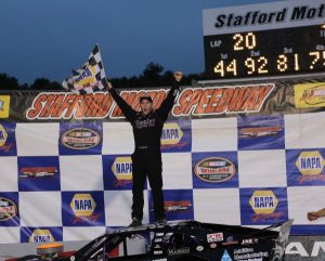 Tony Membrino Jr. celebrates victory and the SK Light Modified championship Saturday at Stafford Motor Speedway (Photo: Jim DuPont) 