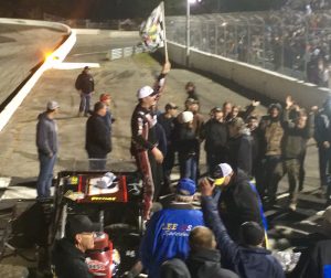 Woody Pitkat celebrates victory in the Valenti Modified Racing Series Saturday at the Sunoco World Series at Thompson Speedway 
