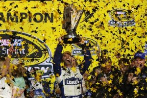 Jimmie Johnson celebrates his seventh NASCAR Sprint Cup Championship the Ford EcoBoost 400 at Homestead-Miami Speedway Sunday (Photo: Sean Gardner/NASCAR via Getty Images)
